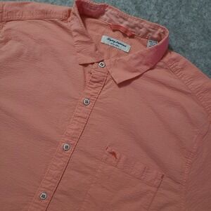 Tommy Bahama Button Down Shirt Mens XXL Coral Nova Wave‎ Seersucker Short Sleeve